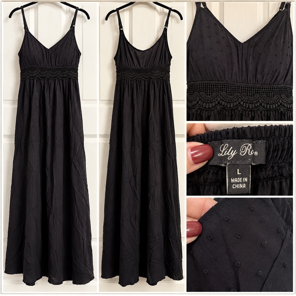 Lily Black Maxi Dress with Crochet Waist and Spaghetti Straps